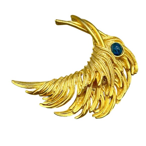 Vtg Feather Pin Brooch Gold Tone Blue "Flawed" Glass Cabochon Matte Gold Tone - Picture 1 of 8